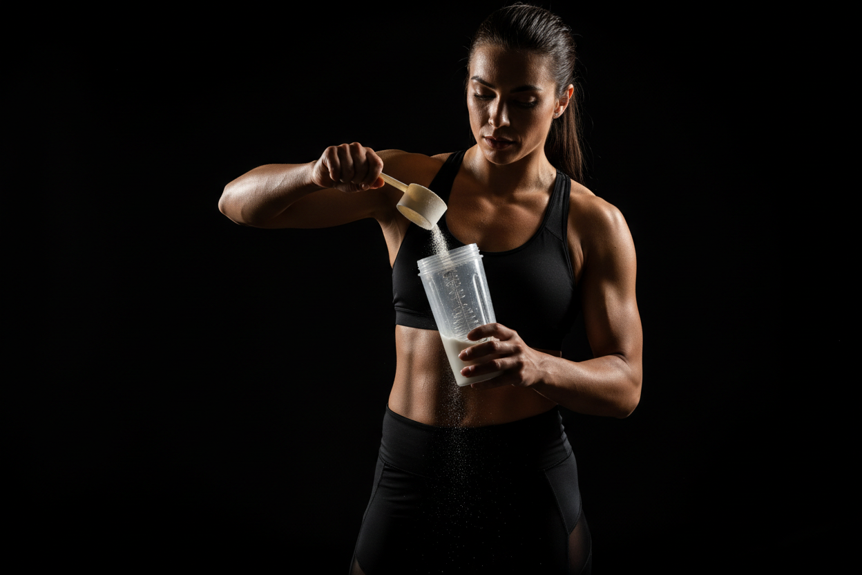 A woman making a protein shake in a black background 